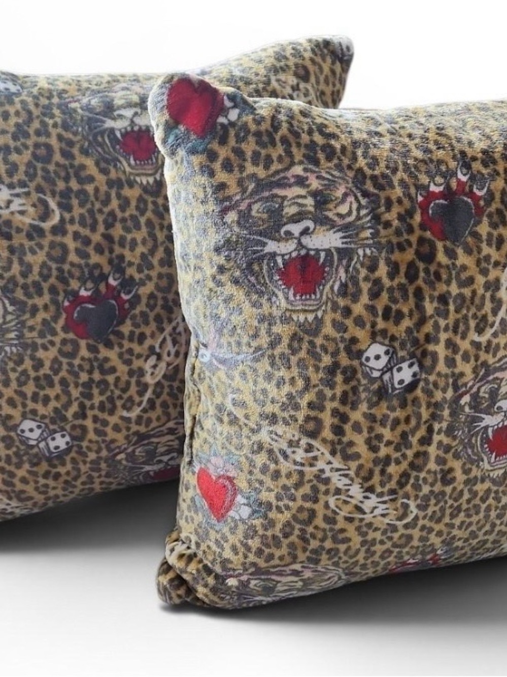 NWT Ed Hardy Leopard Print Decorative Pillow Pair with Tiger & Heart Motifs